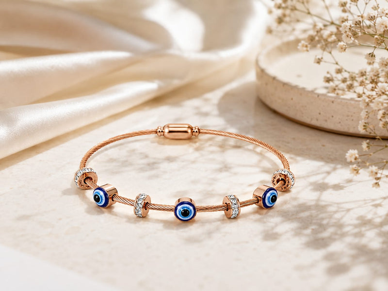 Elegant Rose Gold Evil Eye Charm Bracelet with Crystal Spacer Beads