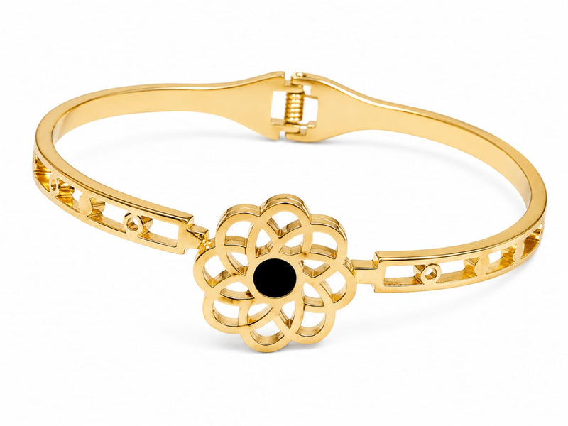 Gold Filigree Flower Statement Bracelet with Black Center