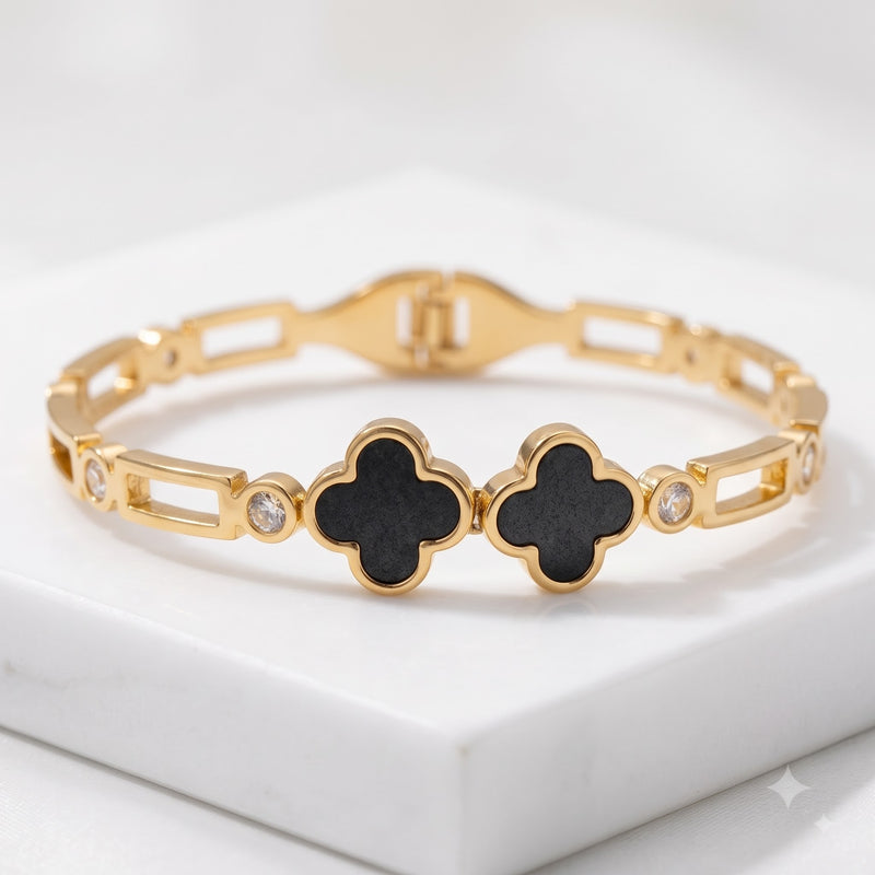Chic Black Clover Openwork Link Bracelet with CZ Crystals