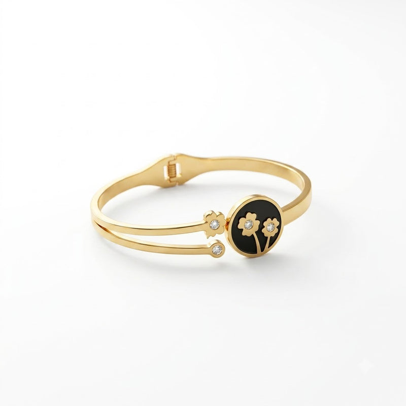 Black Onyx-Style Floral Medallion Double-Band Bracelet