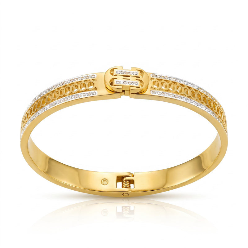 Luxury Gold Cutout Lattice Band & Pave CZ Crystal Oval Hinged Bracelet
