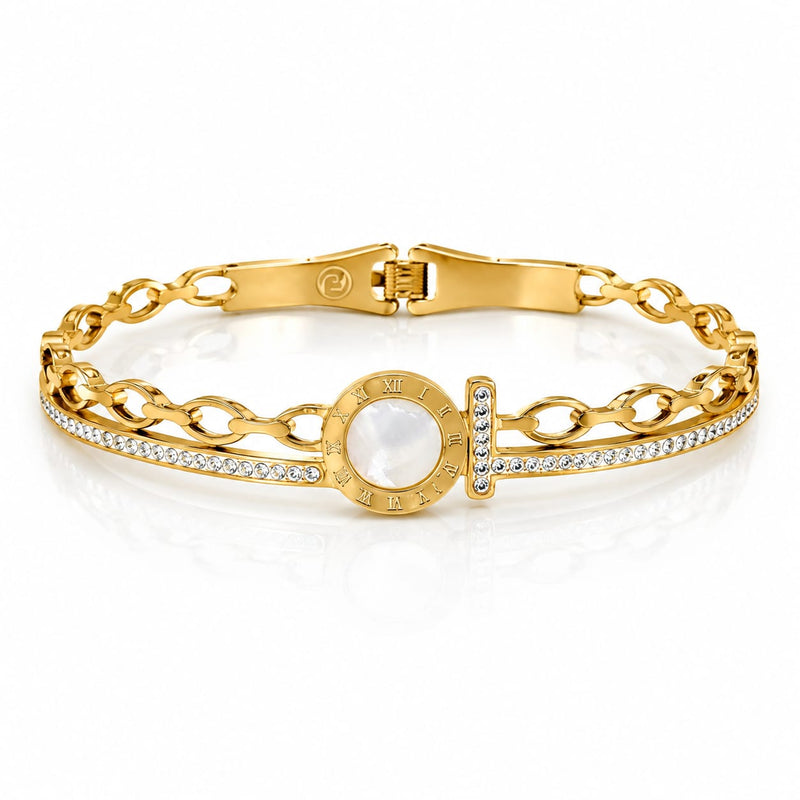 Roman Numeral Pearl Medallion Dual-Band Golden Bracelet