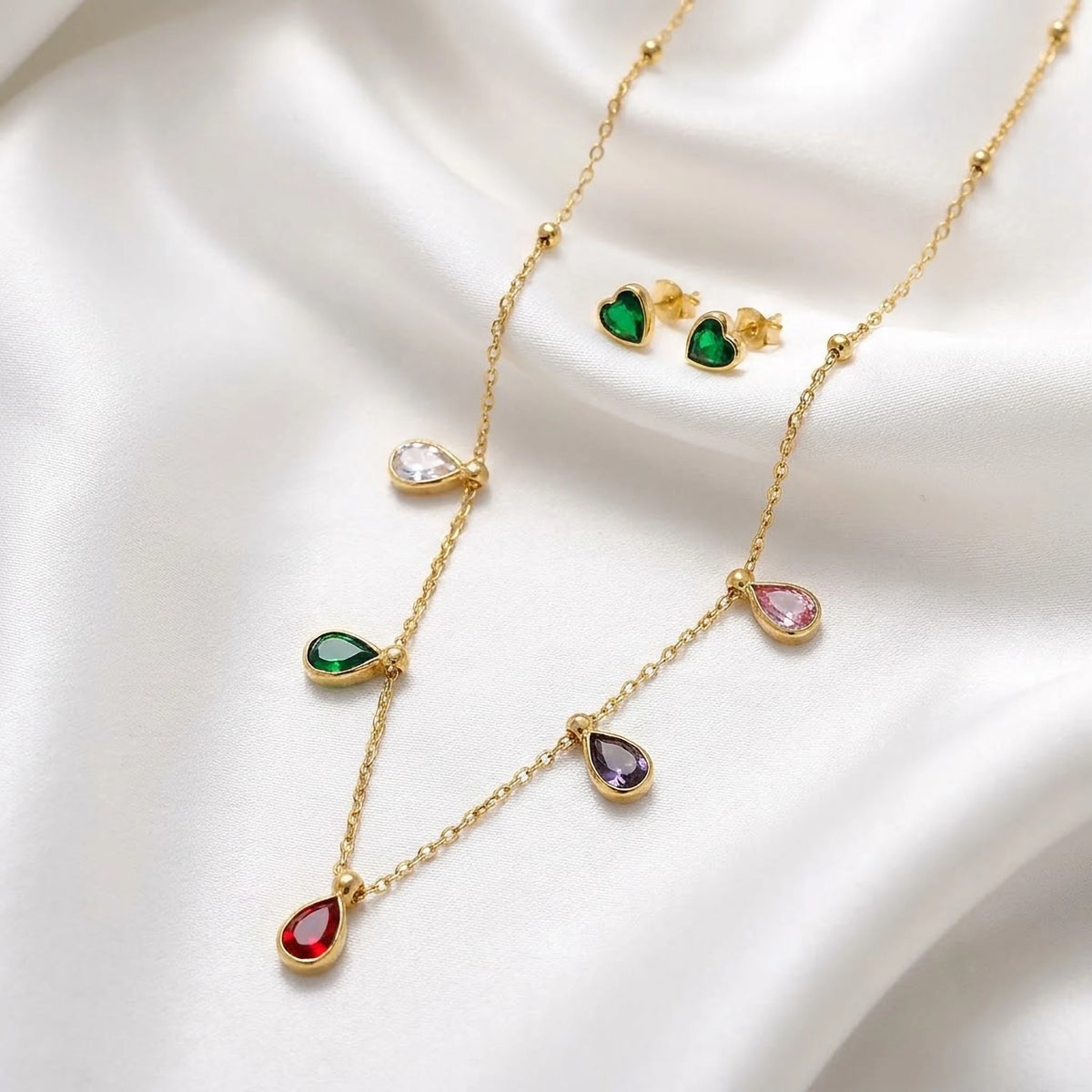 Rainbow Droplet Chain with Emerald Heart Studs