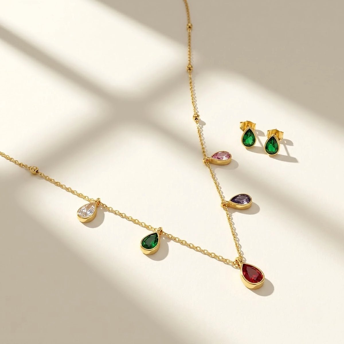 Rainbow Droplet Chain with Emerald Heart Studs