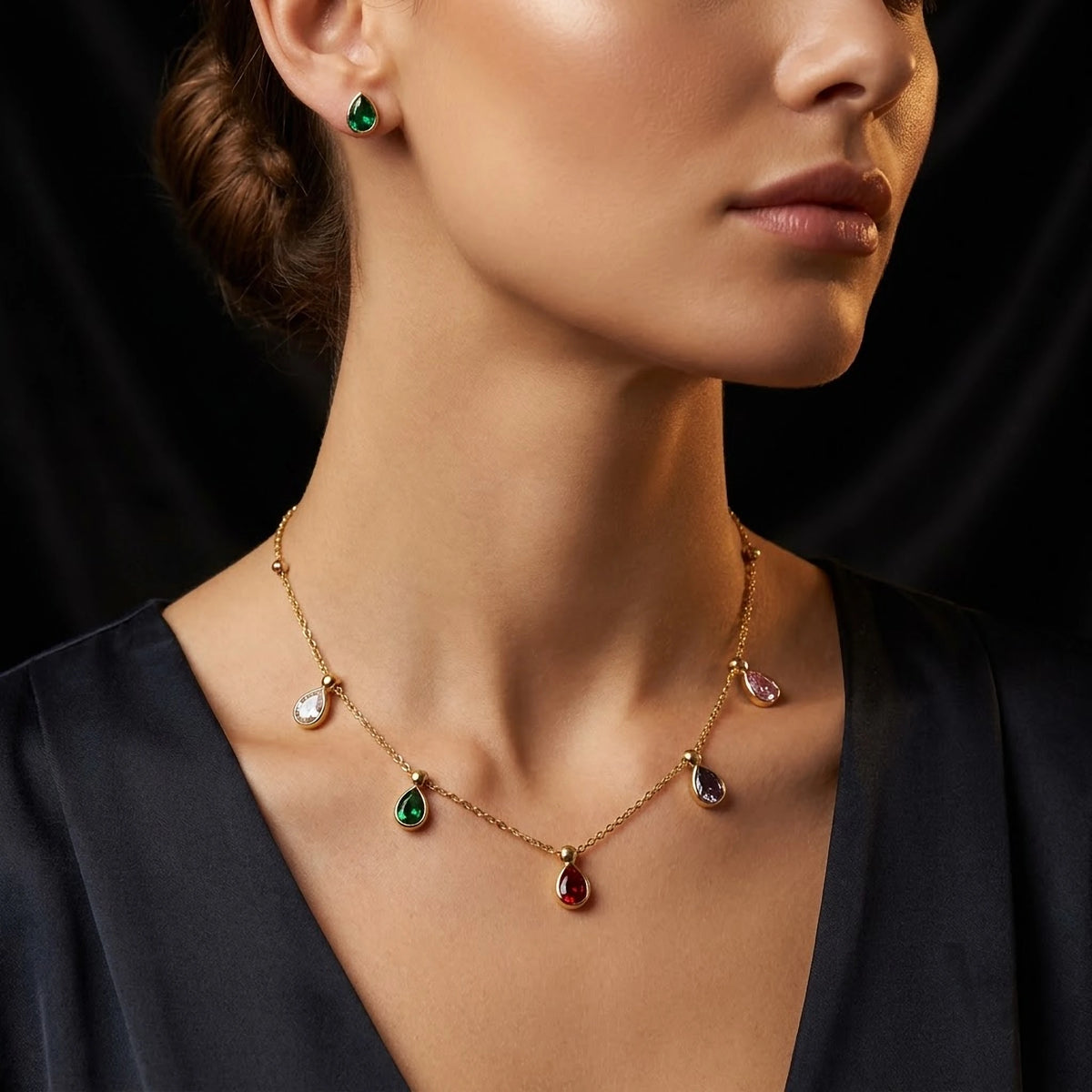 Rainbow Droplet Chain with Emerald Heart Studs