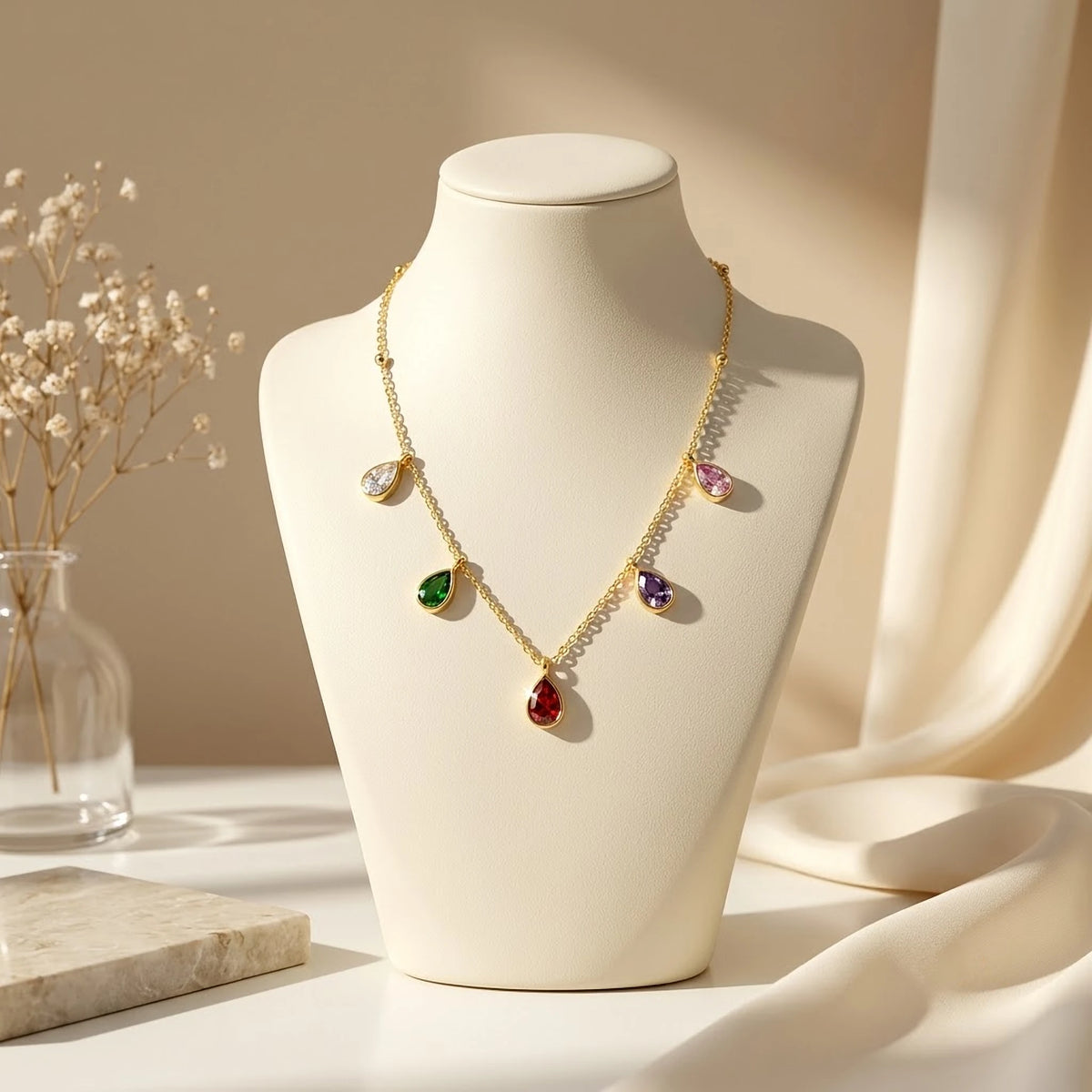 Rainbow Droplet Chain with Emerald Heart Studs