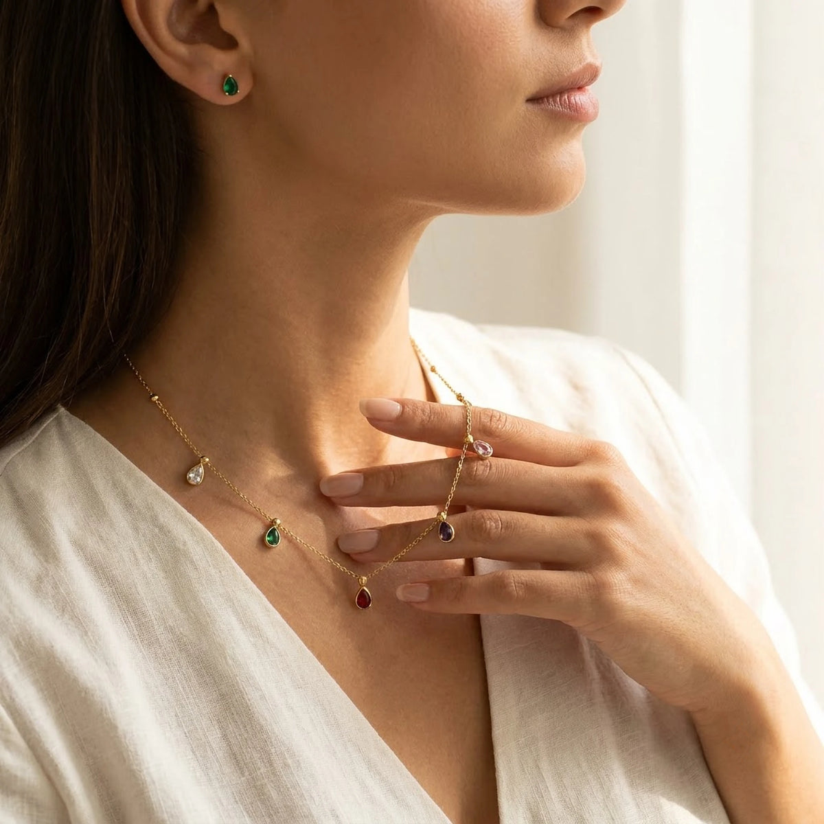 Rainbow Droplet Chain with Emerald Heart Studs