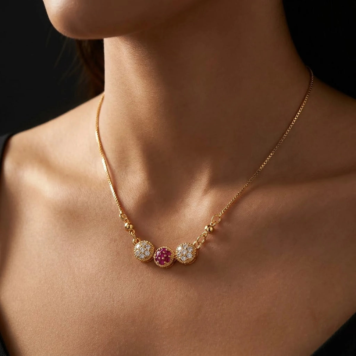 Ruby Trio Cluster Bar Chain