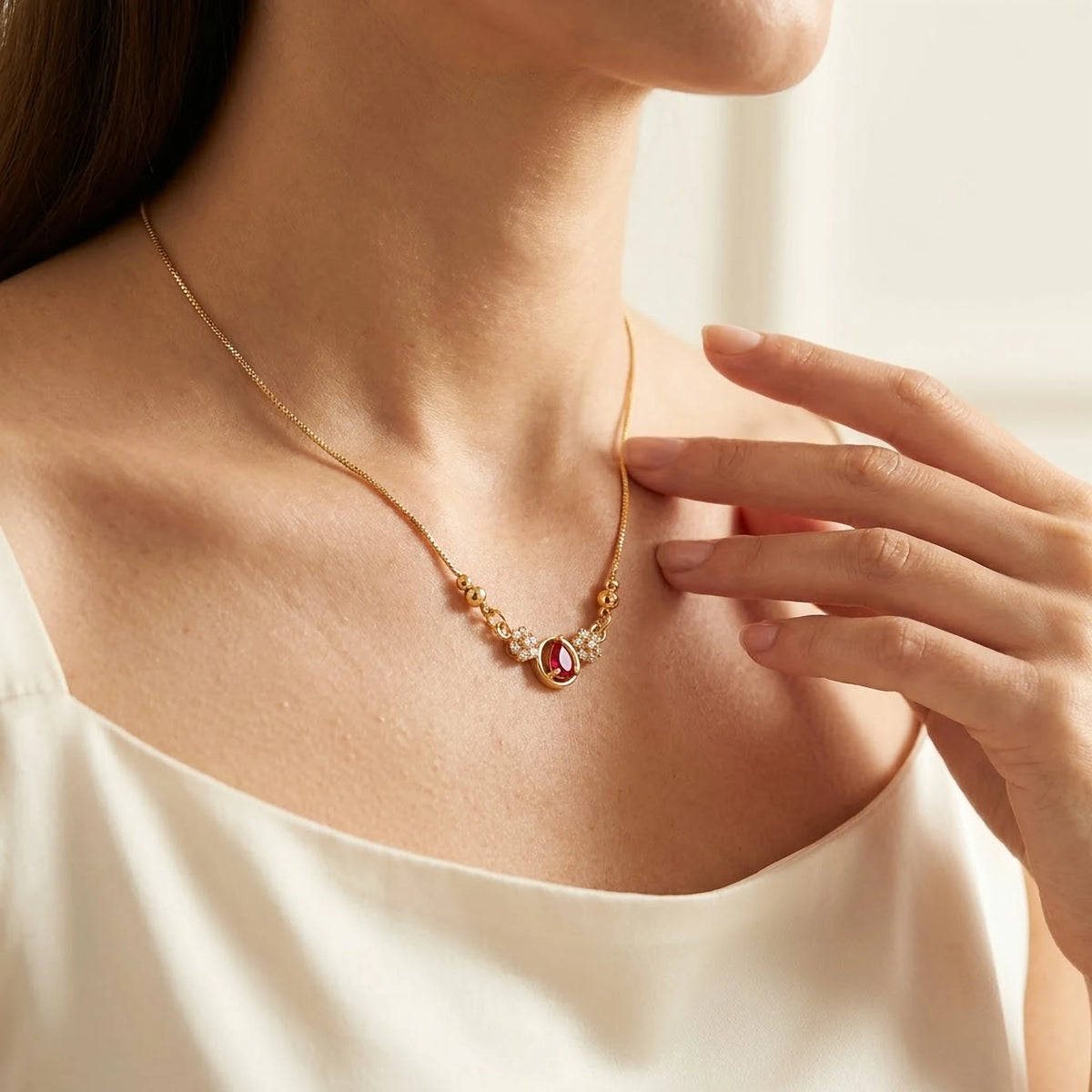 Ruby Oval Floral Side-Stone Chain