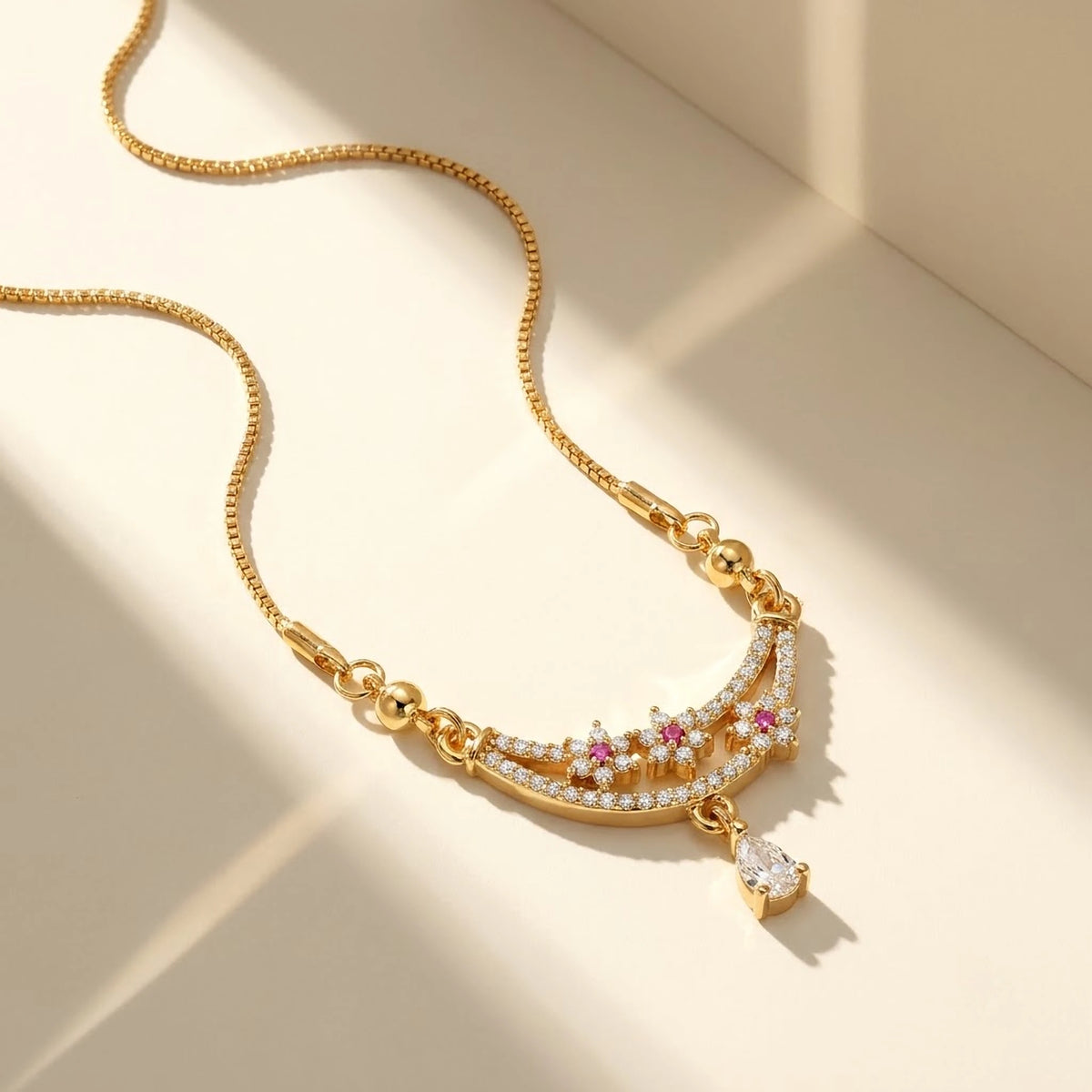 Rani Pink Floral CZ Crescent Drop Chain