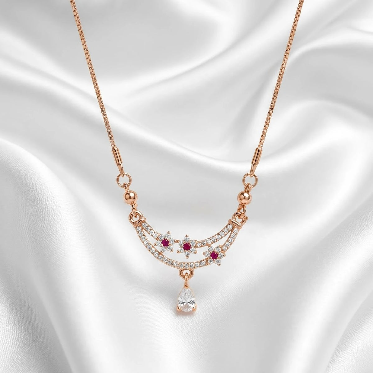Rani Pink Floral CZ Crescent Drop Chain
