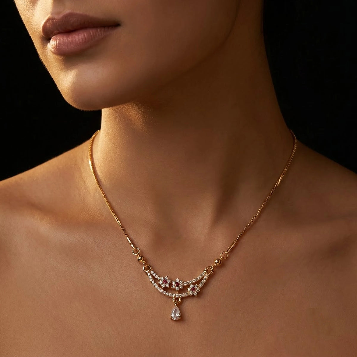 Rani Pink Floral CZ Crescent Drop Chain