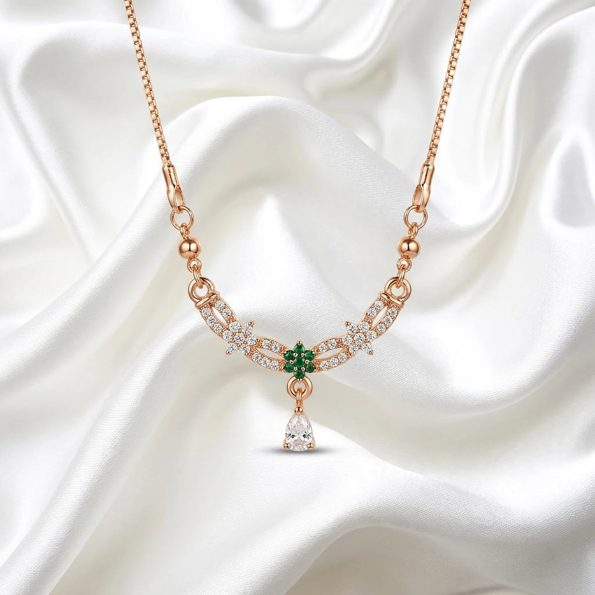 Emerald Bloom CZ Crescent Pear Drop Chain