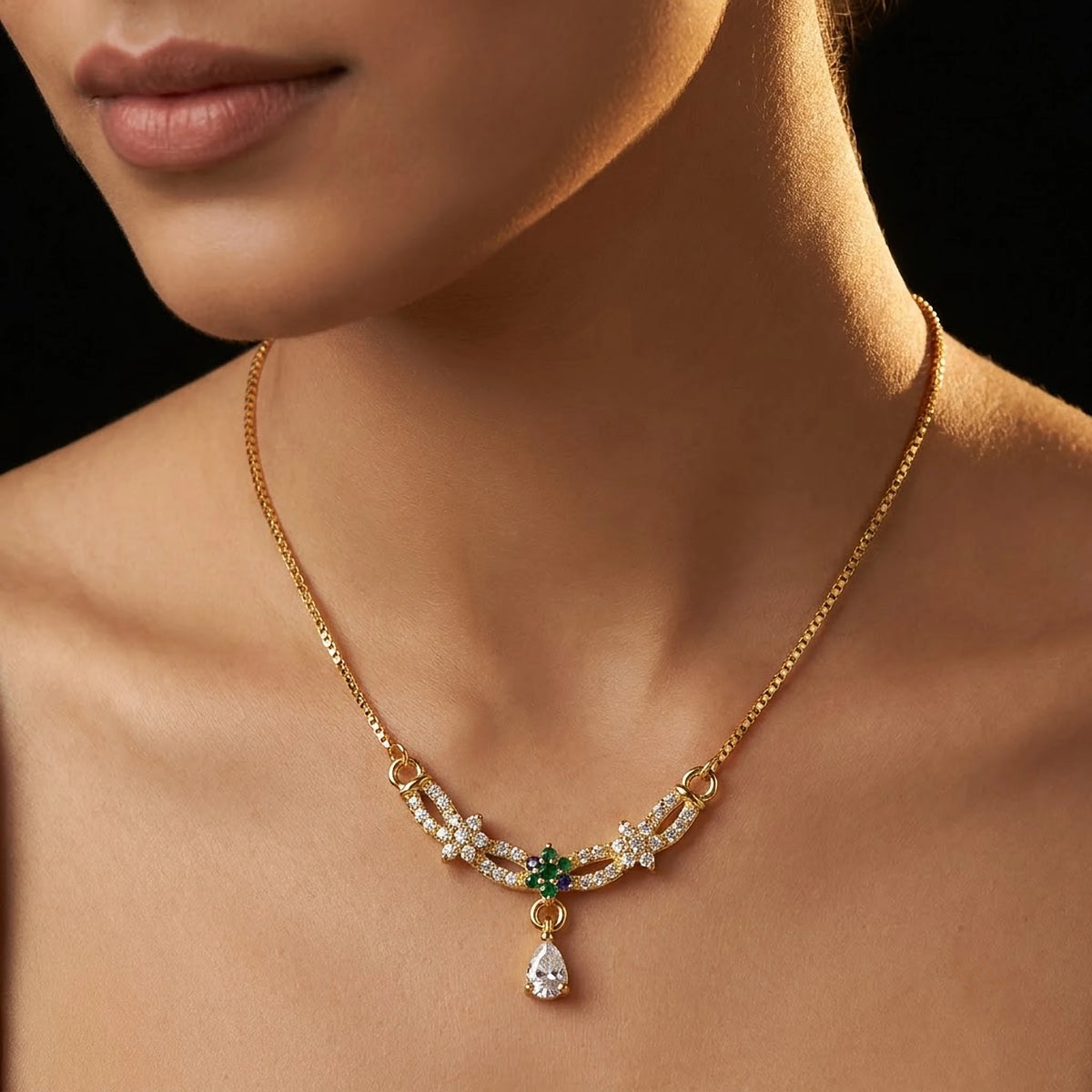 Emerald Bloom CZ Crescent Pear Drop Chain