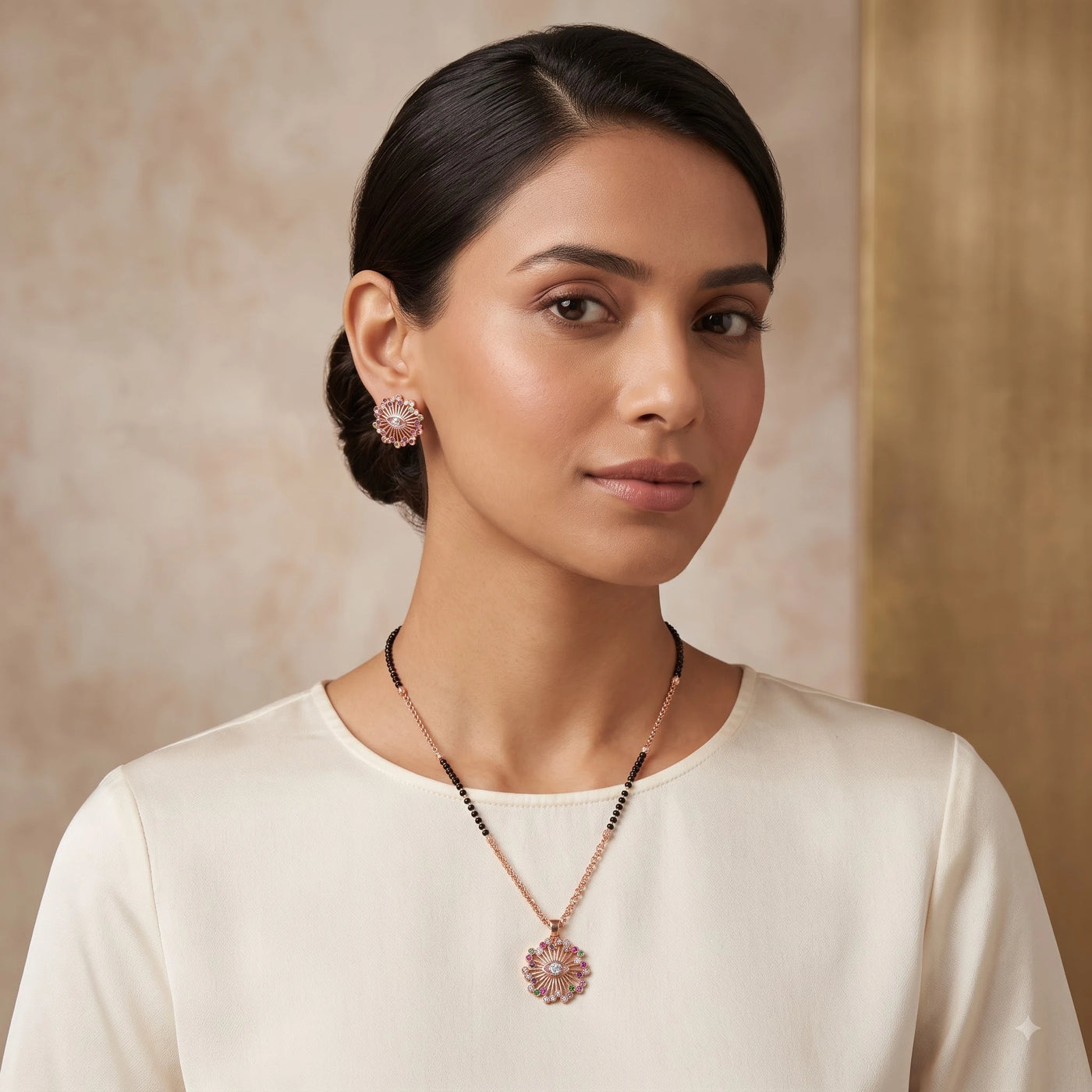 Rose Gold Heart-Accent Shell Pendant Mangalsutra Set