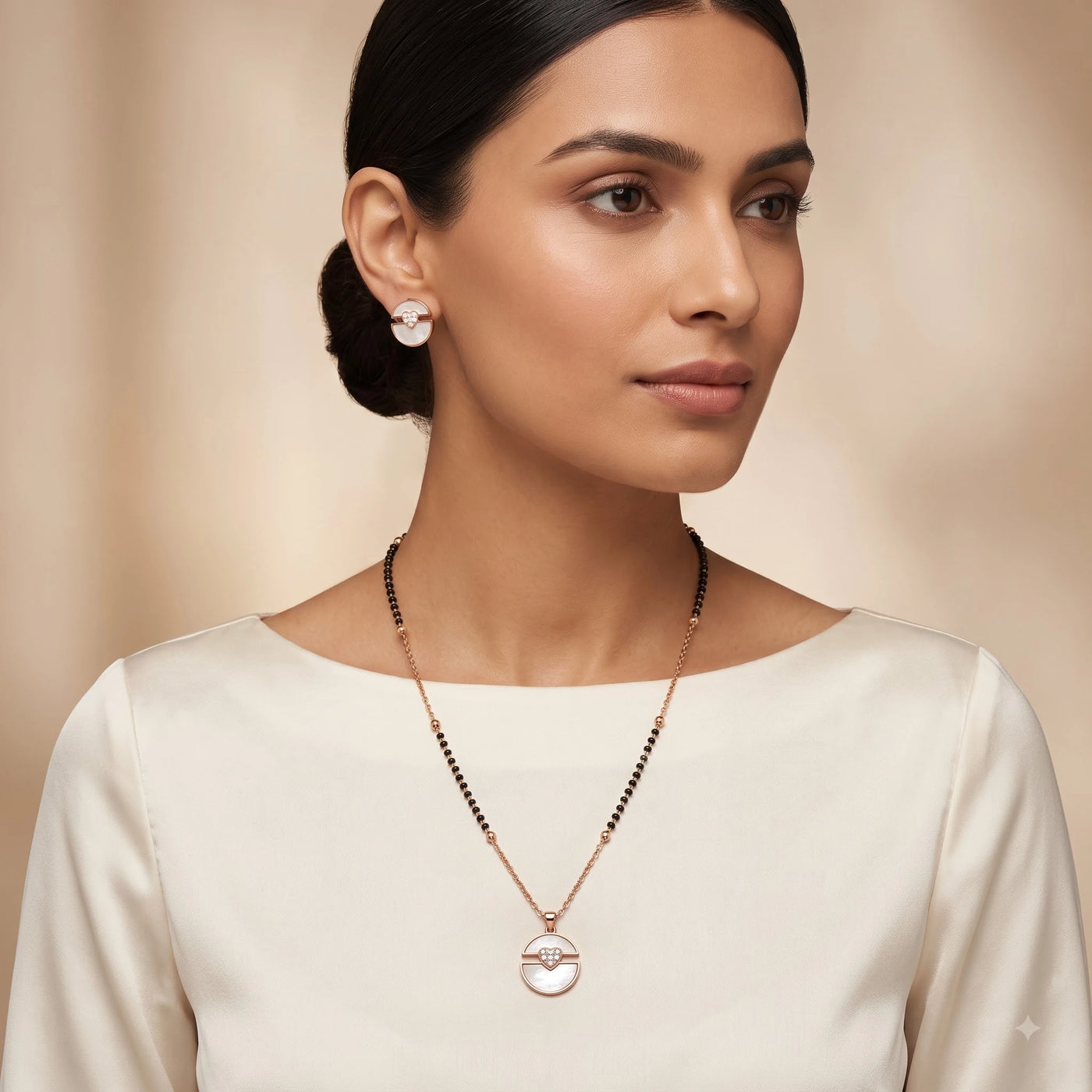 Rose Gold Heart-Accent Shell Pendant Mangalsutra Set
