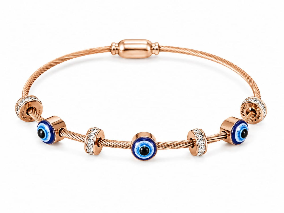 Elegant Rose Gold Evil Eye Charm Bracelet with Crystal Spacer Beads - Image 2