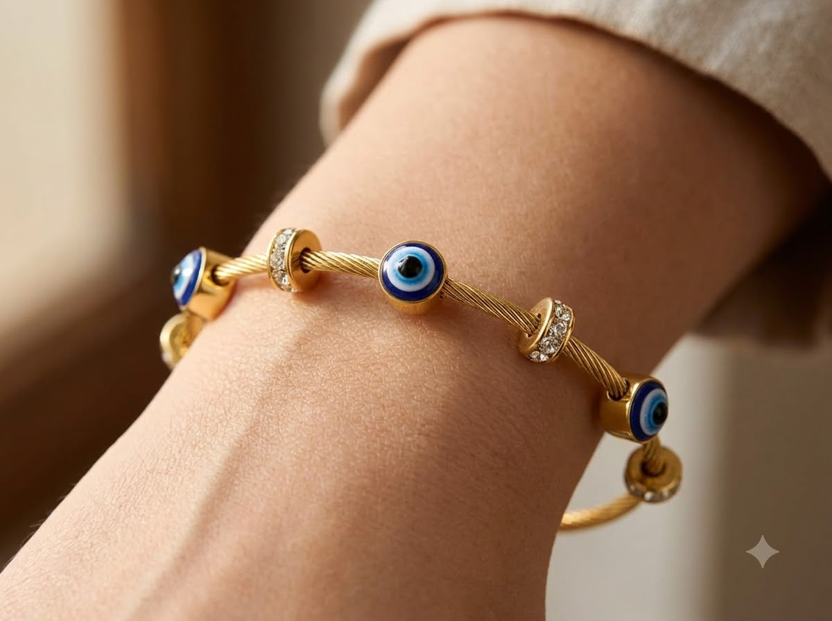 Elegant Rose Gold Evil Eye Charm Bracelet with Crystal Spacer Beads - Image 3