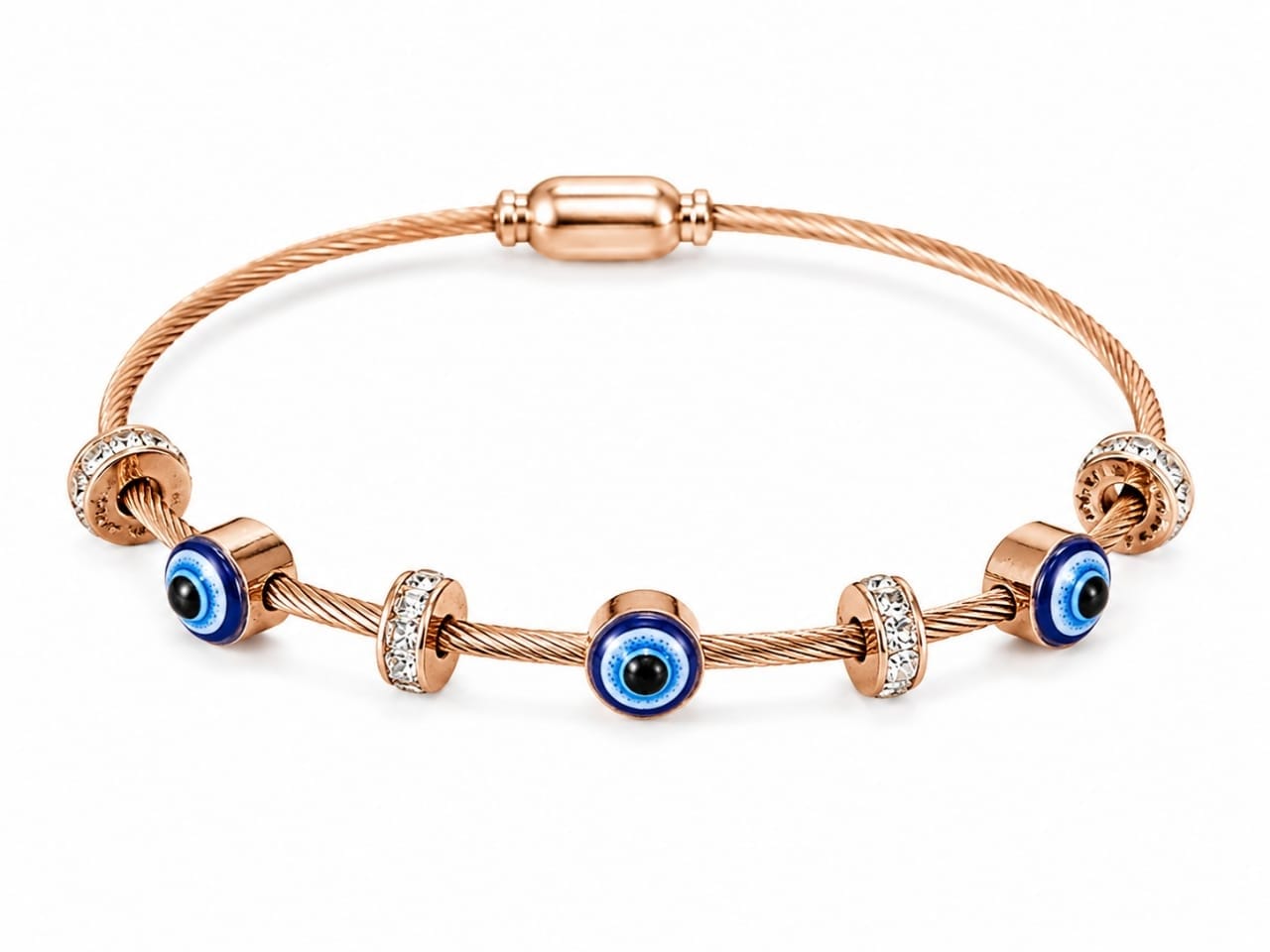 Elegant Rose Gold Evil Eye Charm Bracelet with Crystal Spacer Beads - Image 4