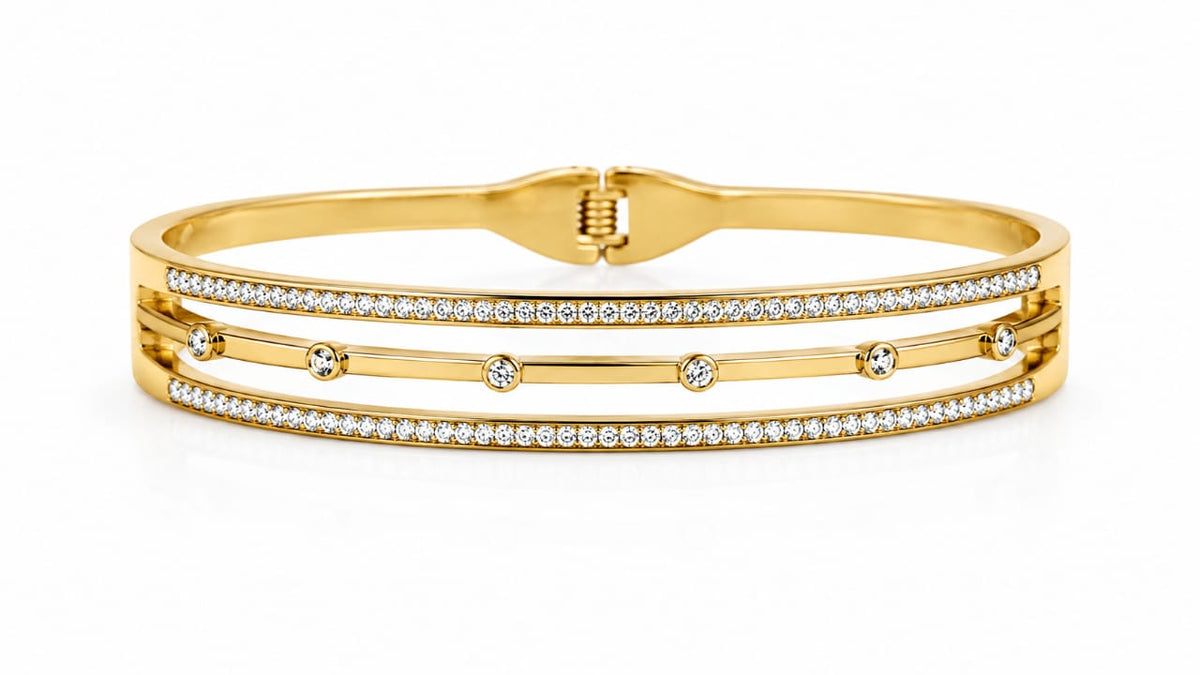 Modern Three-Row Cubic Zirconia Hinged Cuff Bracelet