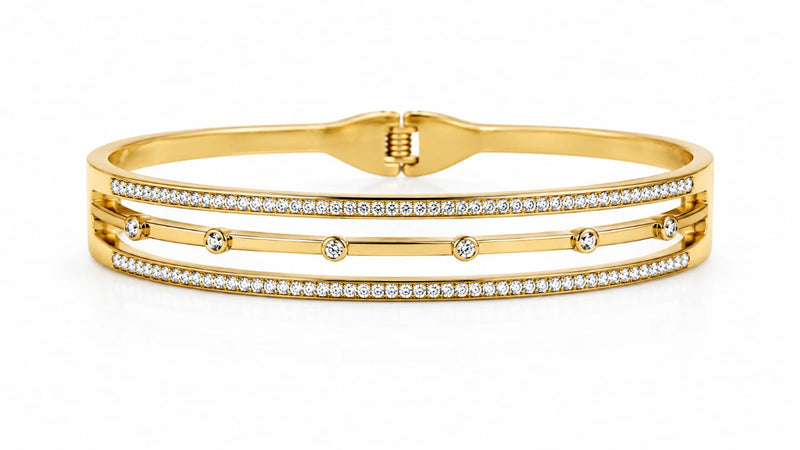 Modern Three-Row Cubic Zirconia Hinged Cuff Bracelet