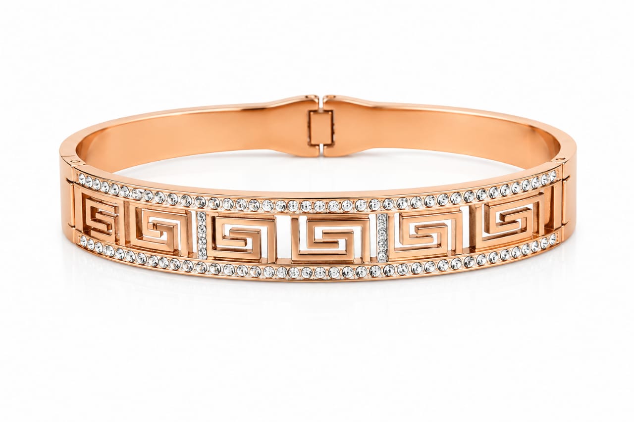 Rose Gold Greek Key Pattern Crystal Hinged Bracelet