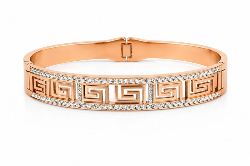 Rose Gold Greek Key Pattern Crystal Hinged Bracelet