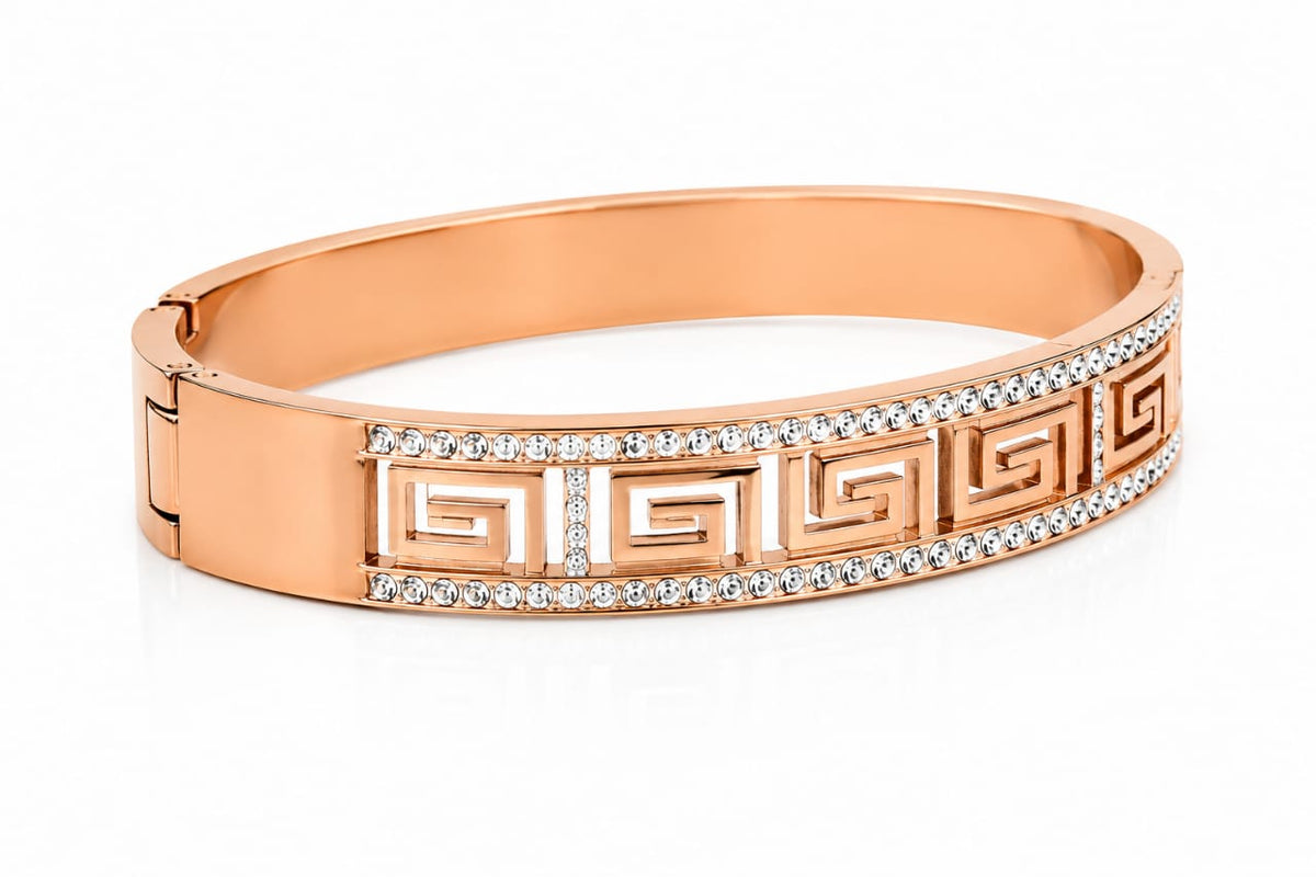 Rose Gold Greek Key Pattern Crystal Hinged Bracelet - Image 2