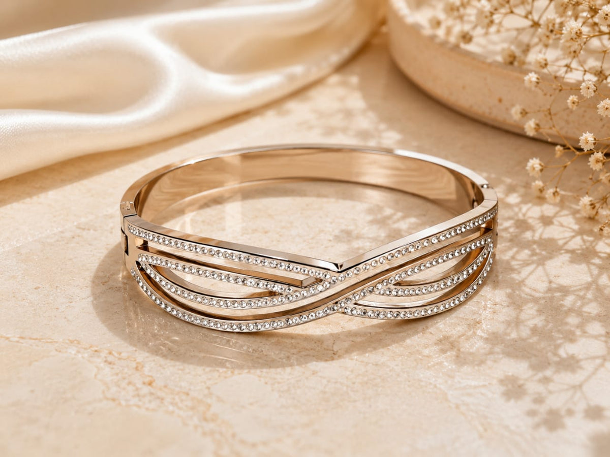 Rose Gold Crosswave Crystal Studded Cuff Bracelet - Image 2