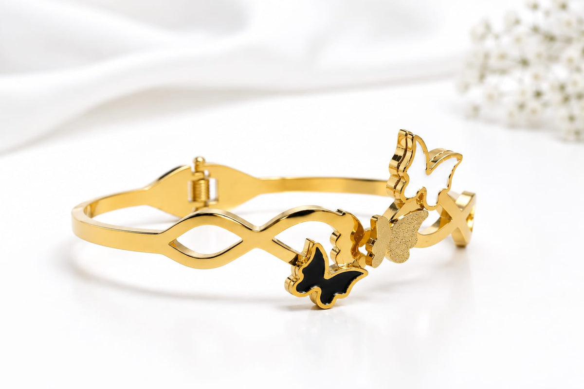 Elegant Infinity Loop Enamel Butterfly Hinged Bangle - Image 2
