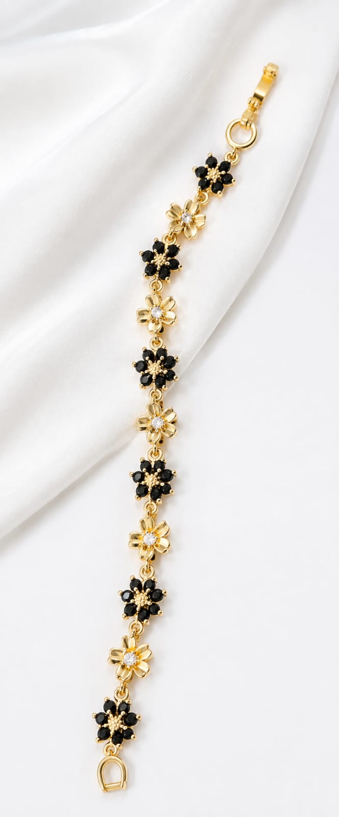 Elegant Daisy Flower Charm Bracelet with Black Crystal Accents