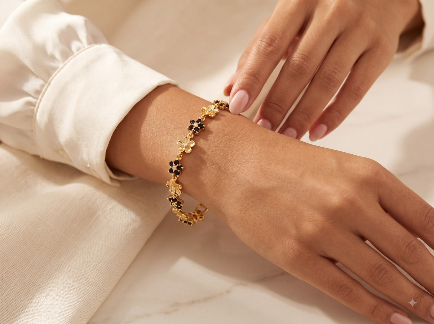 Elegant Daisy Flower Charm Bracelet with Black Crystal Accents - Image 2