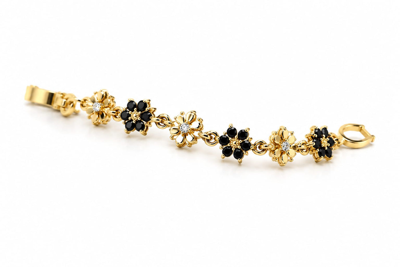 Elegant Daisy Flower Charm Bracelet with Black Crystal Accents - Image 3