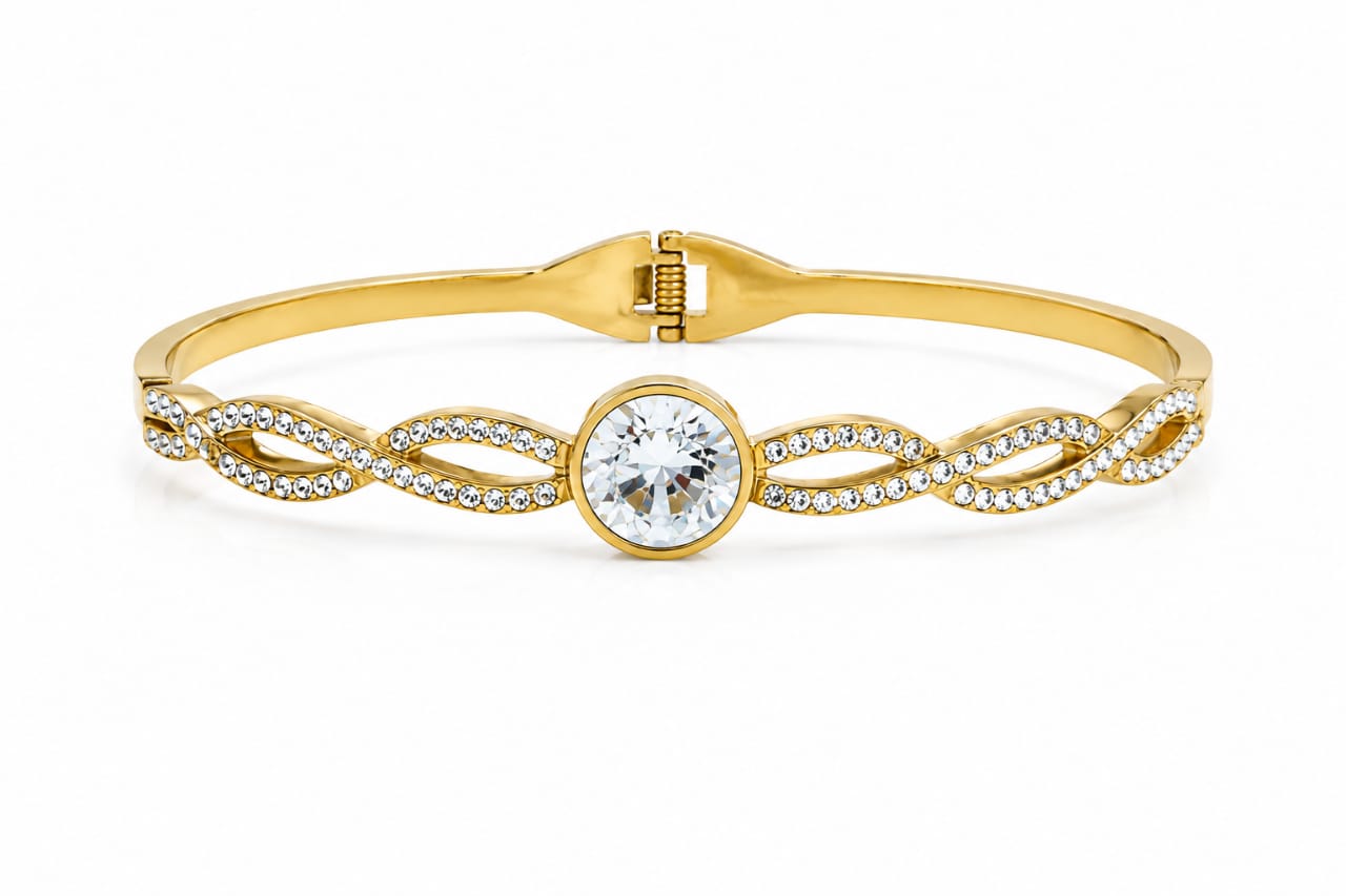 Luxury Gold Twisted Cable Solitaire Cubic Zirconia Cuff Bracelet