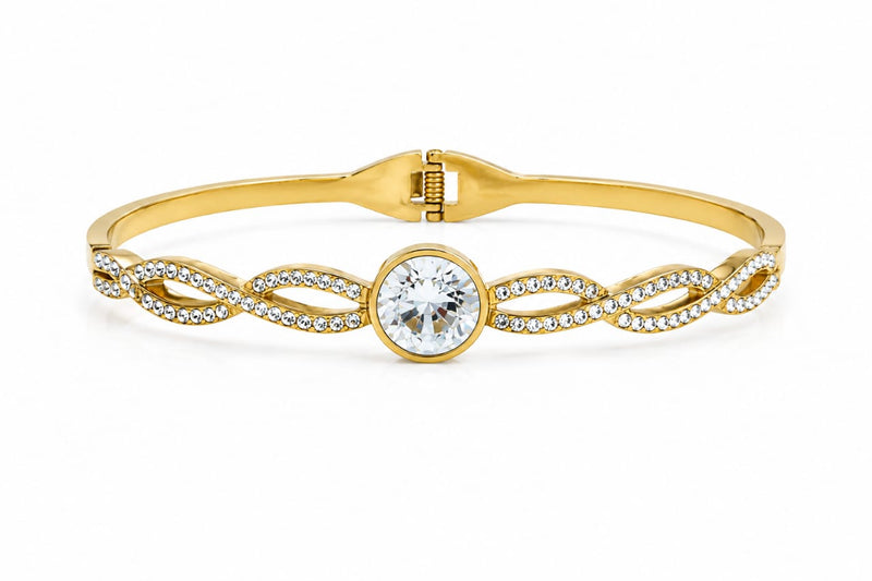 Luxury Gold Twisted Cable Solitaire Cubic Zirconia Cuff Bracelet