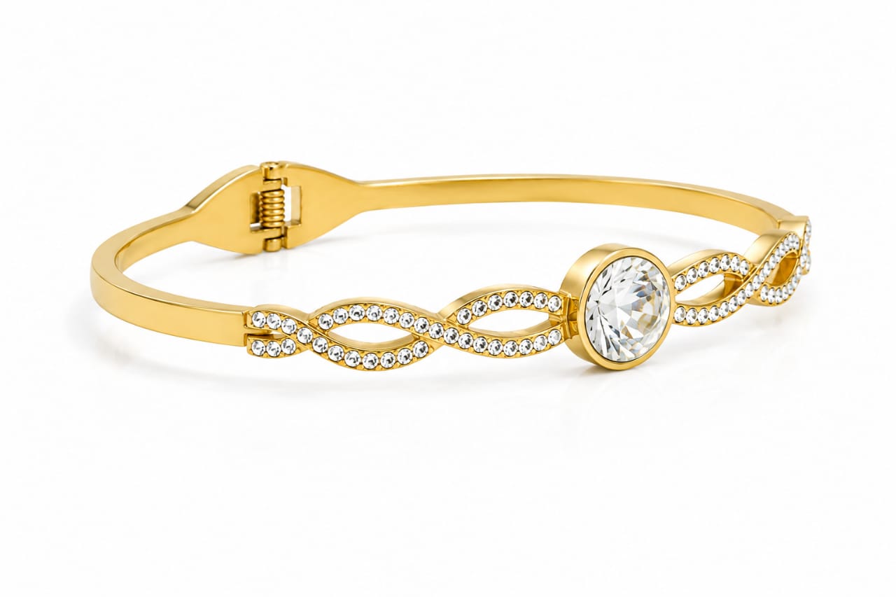Luxury Gold Twisted Cable Solitaire Cubic Zirconia Cuff Bracelet - Image 2