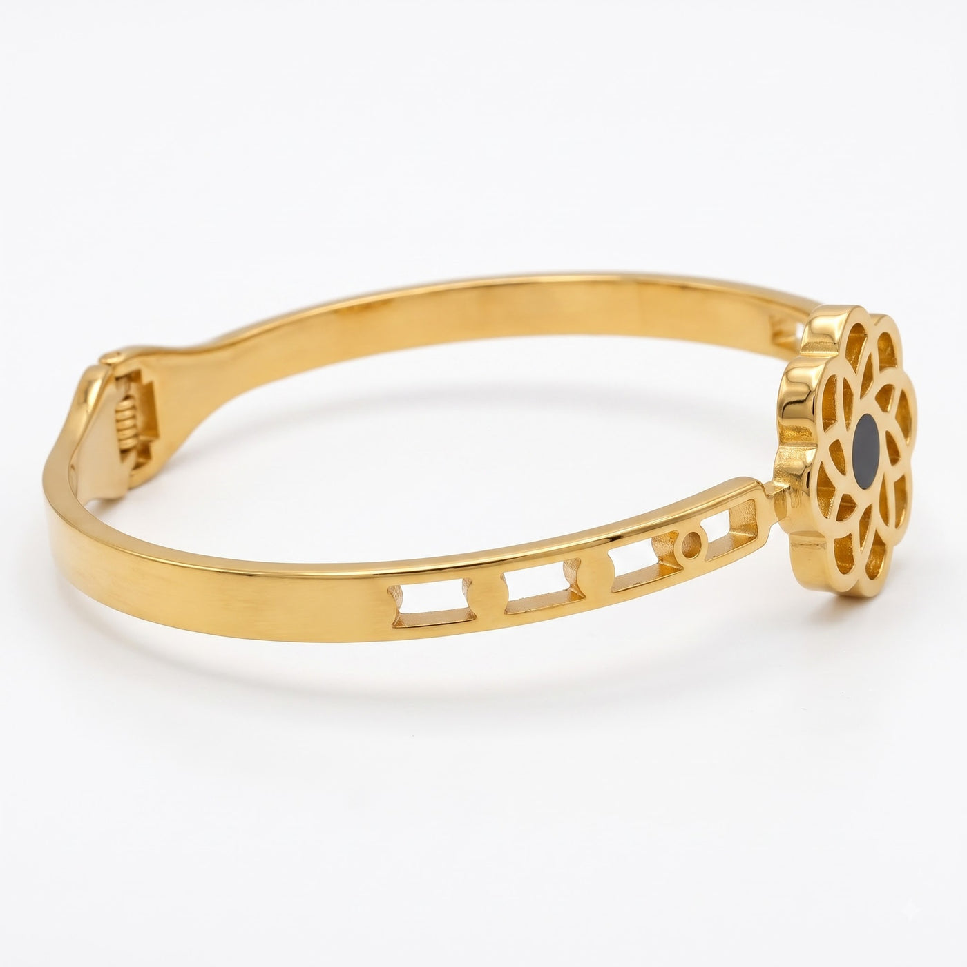 Gold Filigree Flower Statement Bracelet with Black Center - Image 3