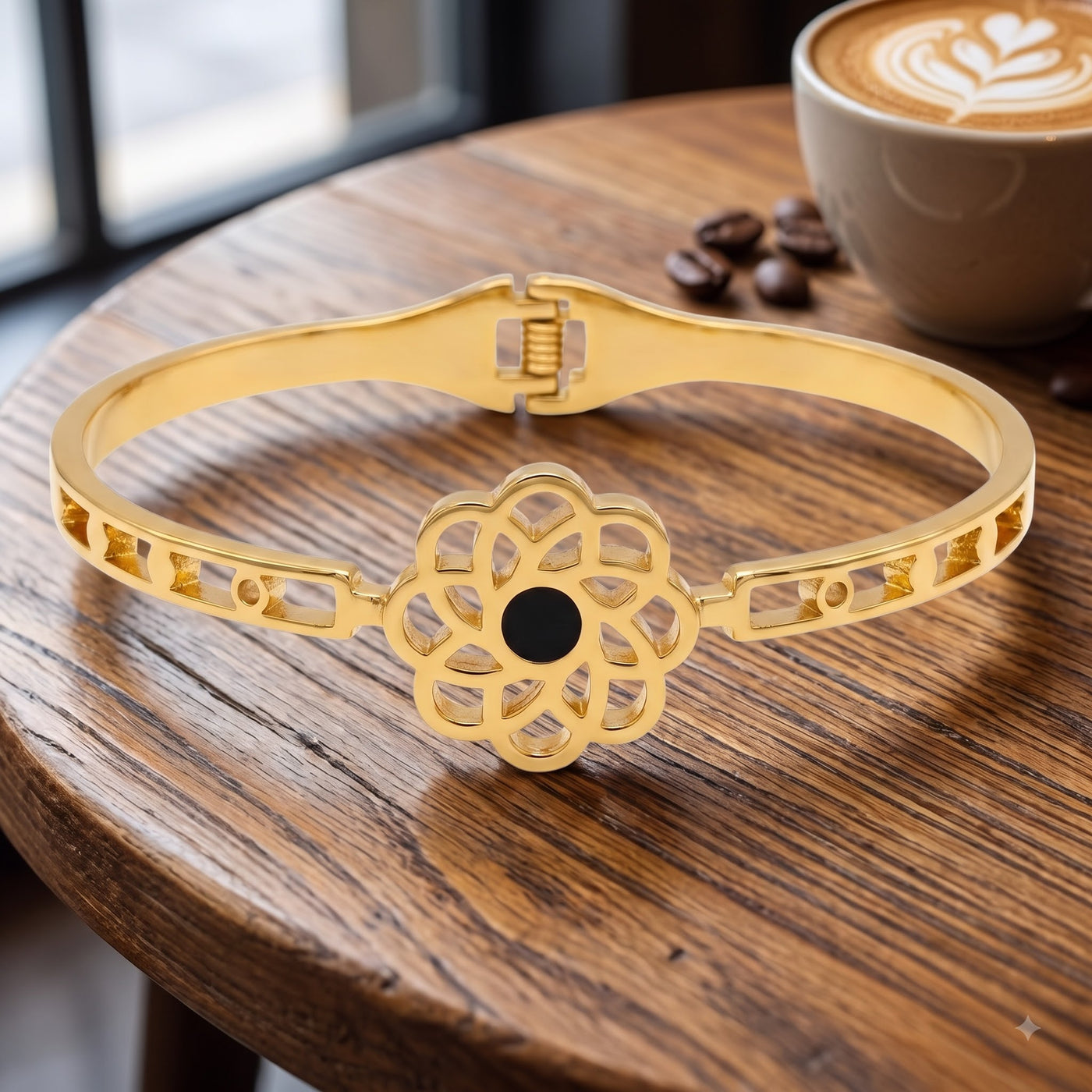 Gold Filigree Flower Statement Bracelet with Black Center - Image 4