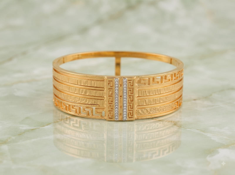 Royal Gold Geometric Greek Key & Crystal Vertical Bar Cuff Bracelet