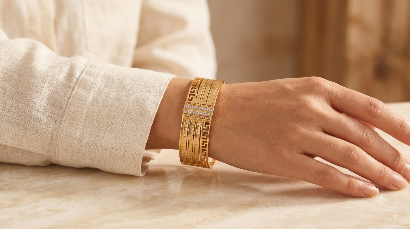 Royal Gold Geometric Greek Key & Crystal Vertical Bar Cuff Bracelet - Image 2