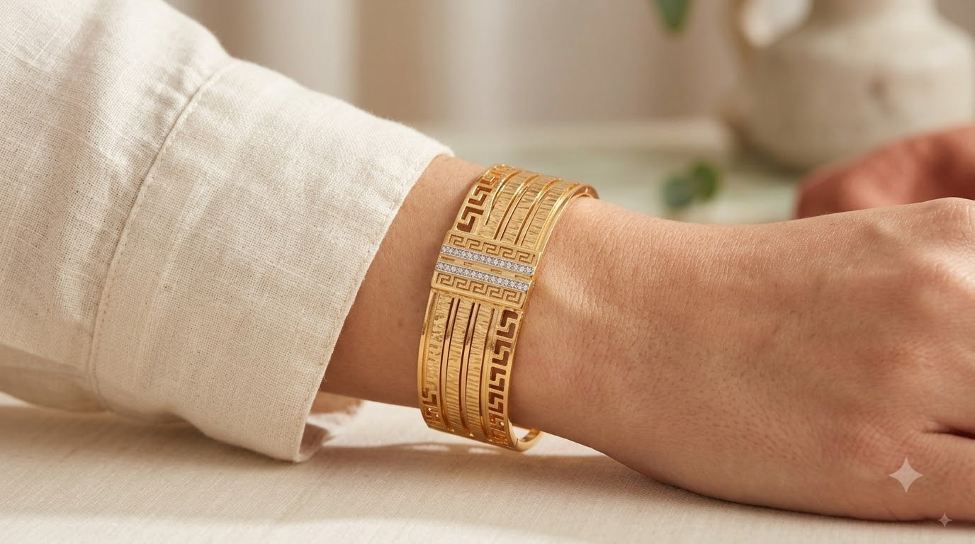 Royal Gold Geometric Greek Key & Crystal Vertical Bar Cuff Bracelet - Image 3