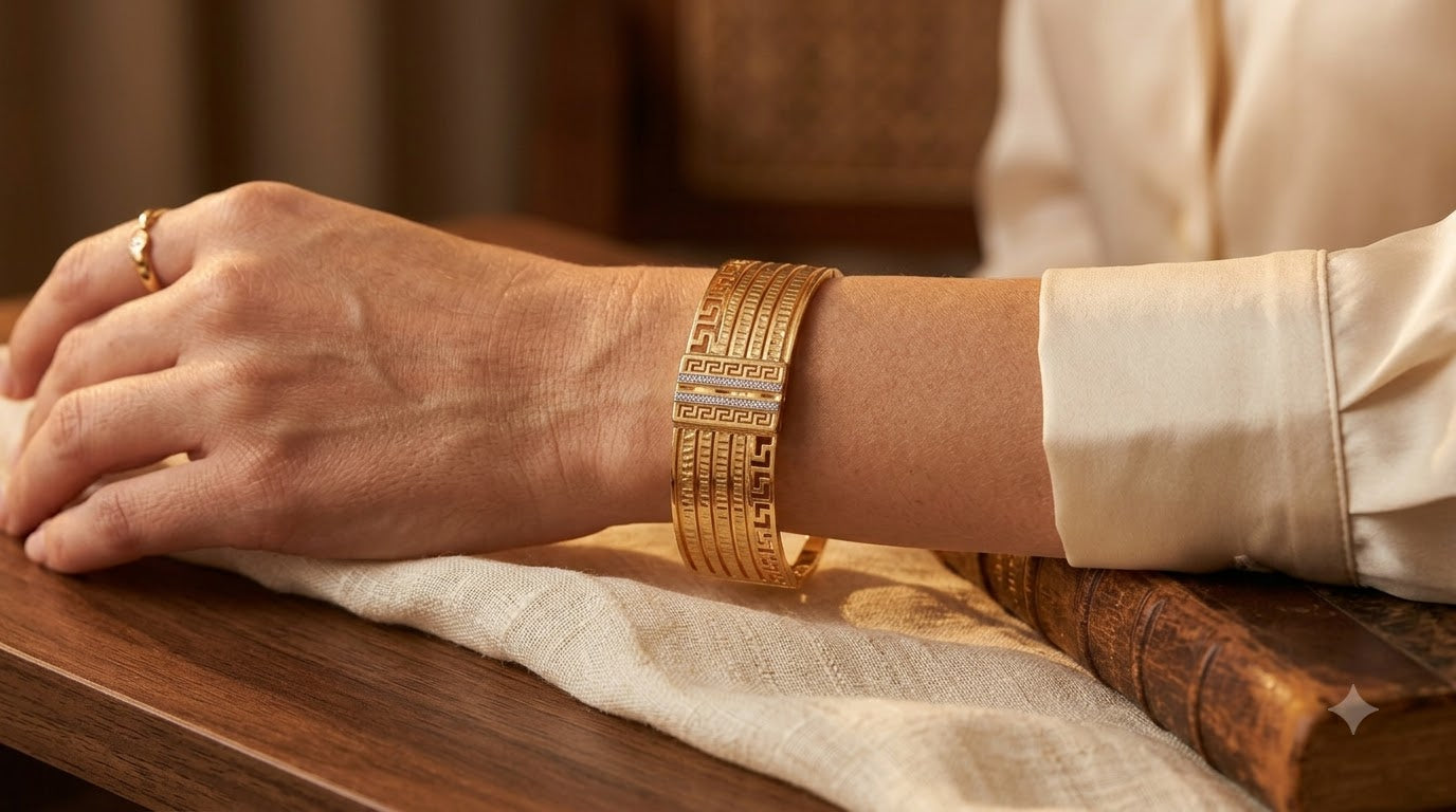 Royal Gold Geometric Greek Key & Crystal Vertical Bar Cuff Bracelet - Image 4