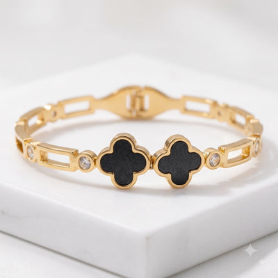 Chic Black Clover Openwork Link Bracelet with CZ Crystals