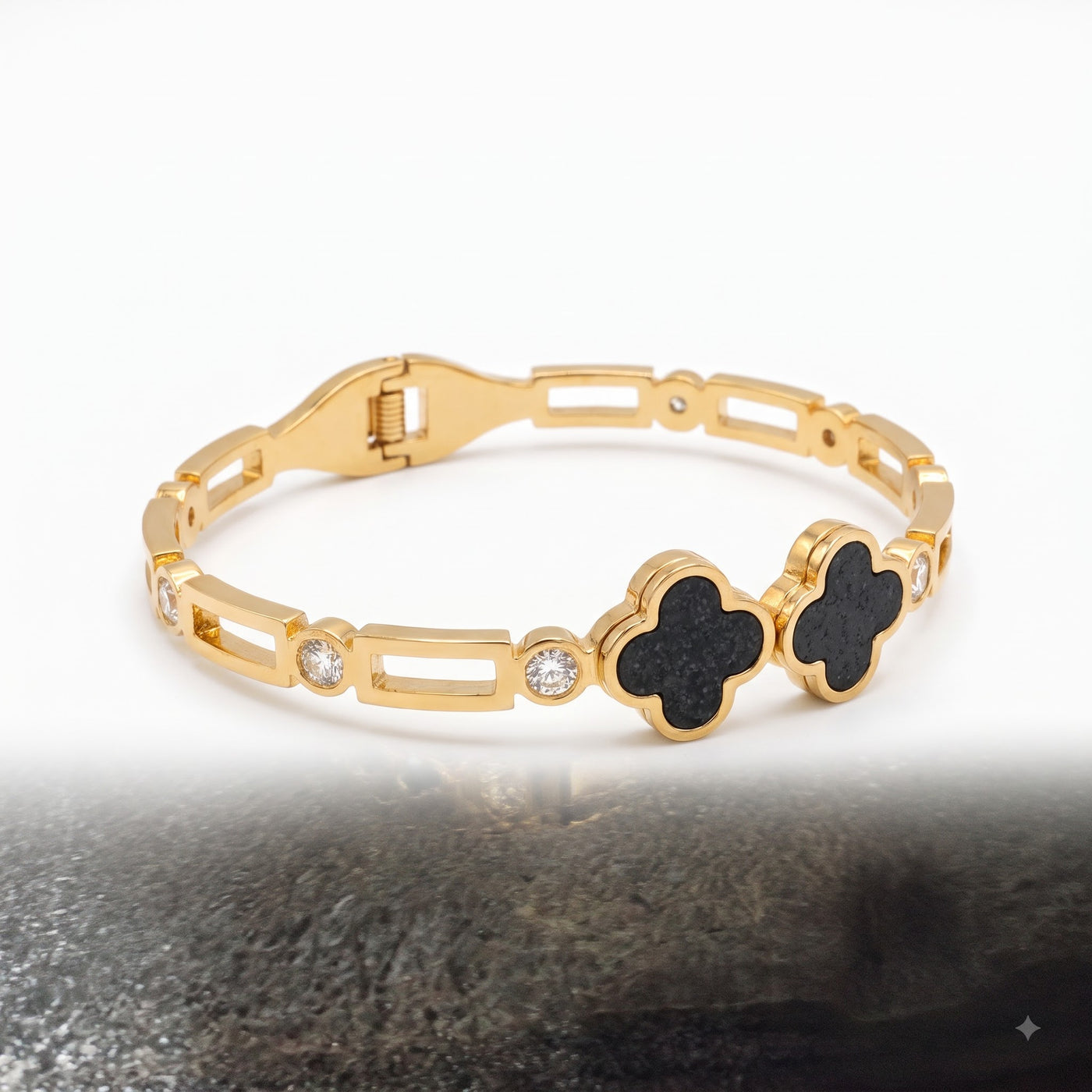 Chic Black Clover Openwork Link Bracelet with CZ Crystals - Image 2