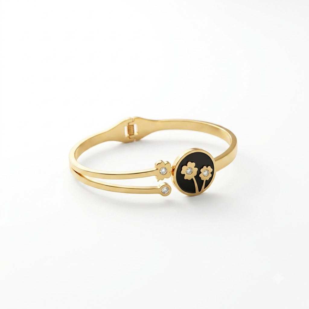 Black Onyx-Style Floral Medallion Double-Band Bracelet