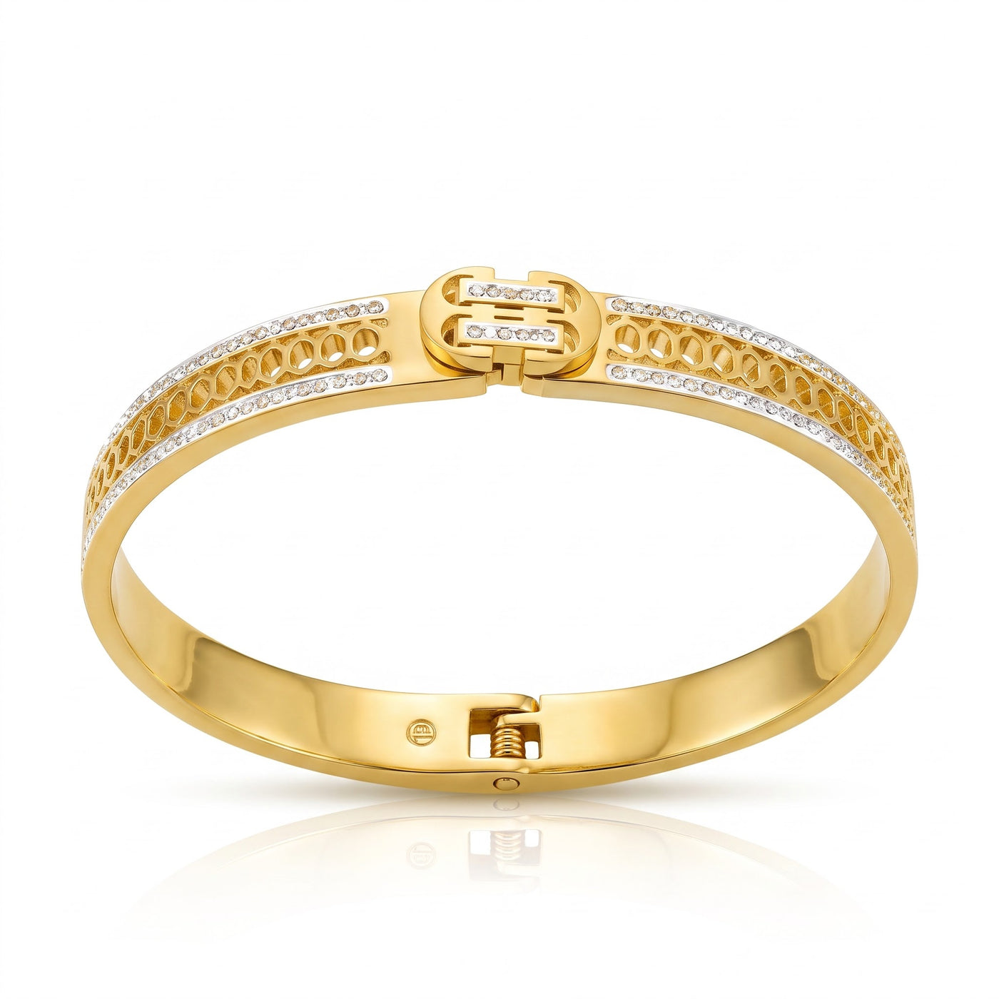 Luxury Gold Cutout Lattice Band & Pave CZ Crystal Oval Hinged Bracelet