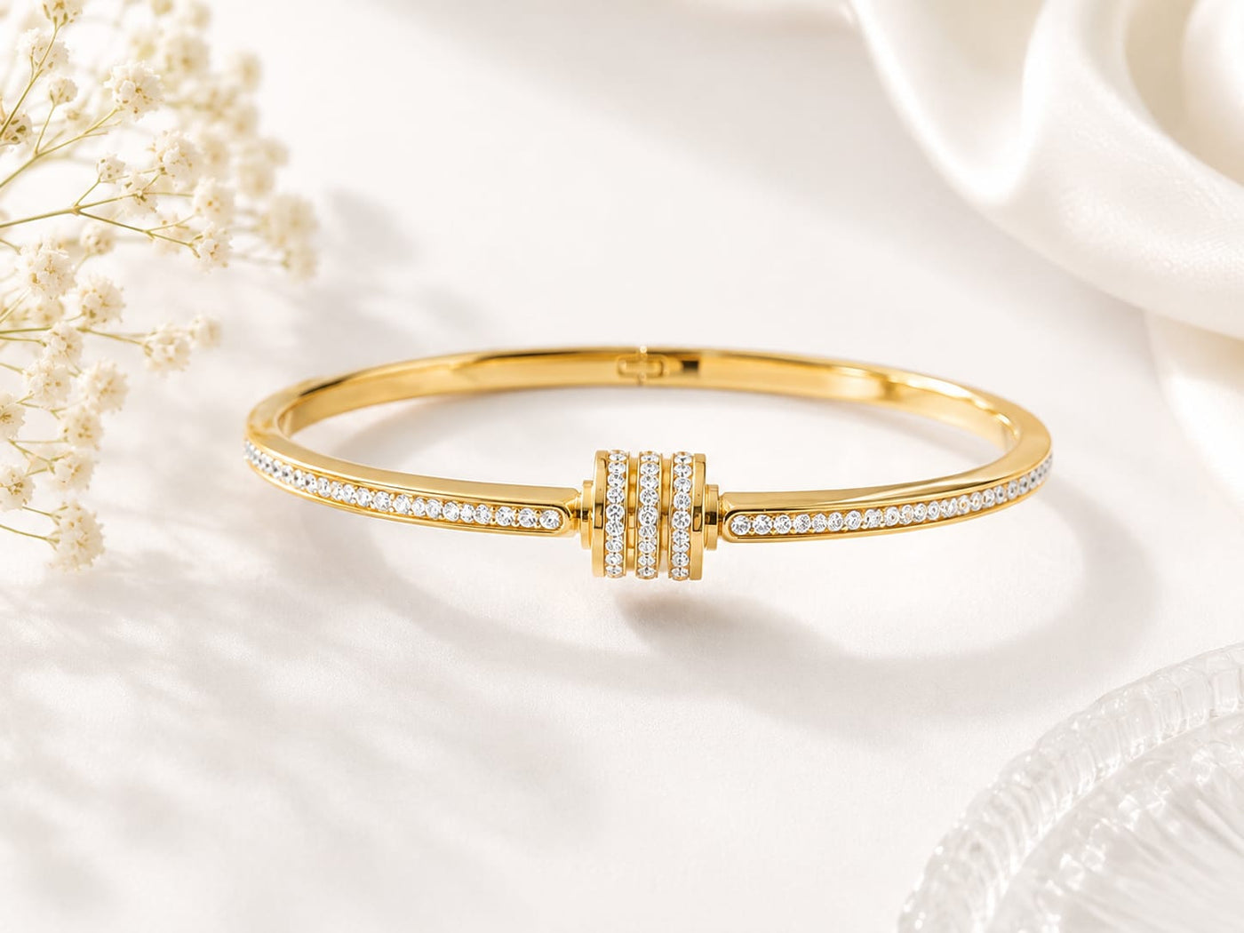 Gold Plated Triple Barrel Diamond Pave Line Bracelet - Image 3