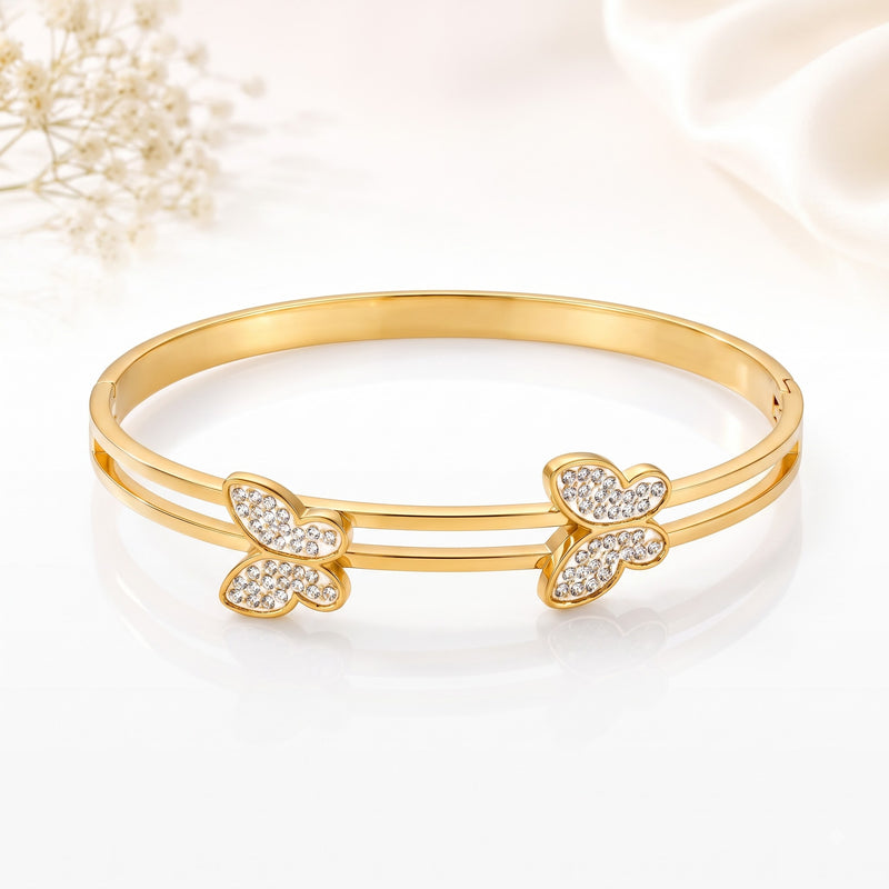 Gold Plated Twin Butterfly Pavé Diamond Open Double-Band Bangle