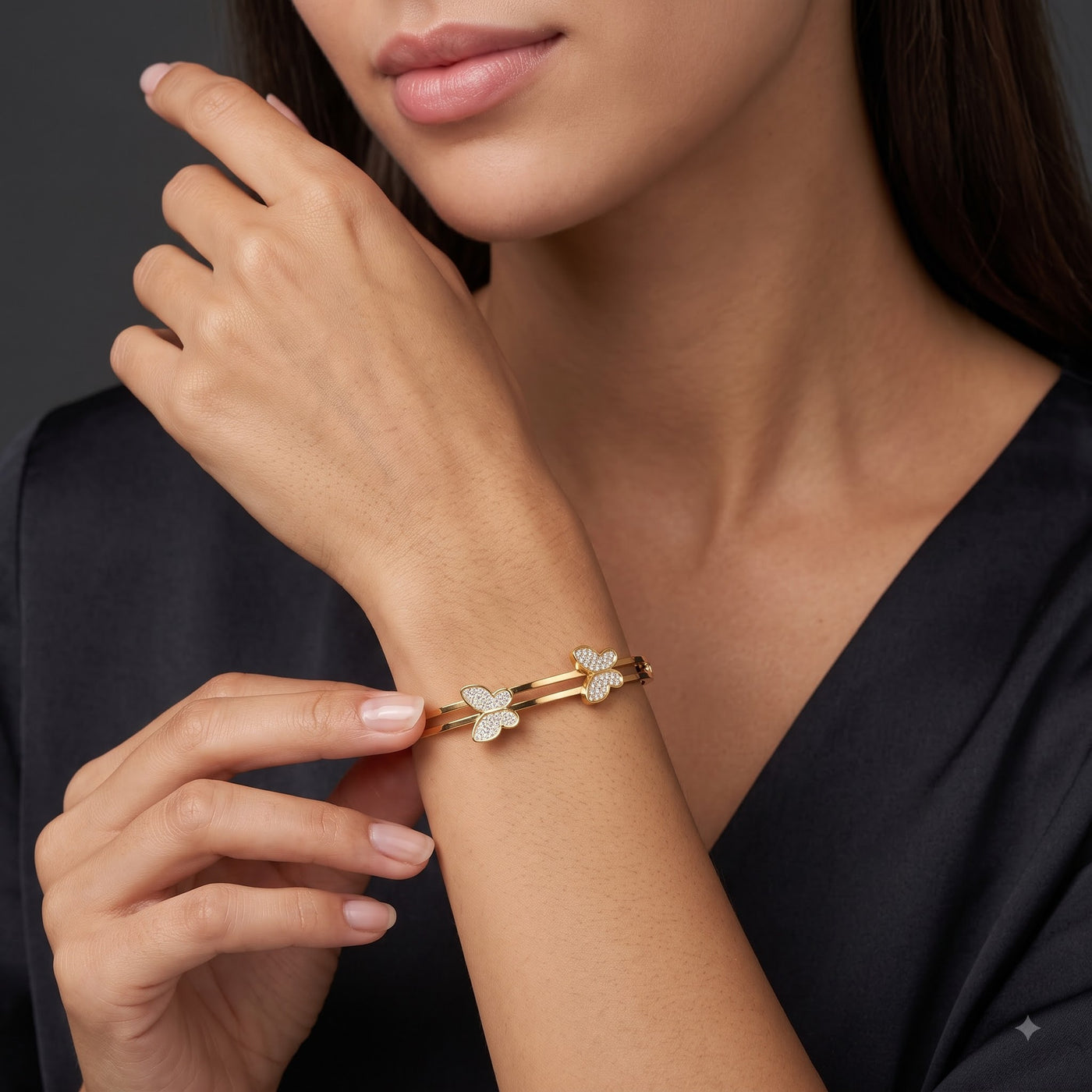 Gold Plated Twin Butterfly Pavé Diamond Open Double-Band Bangle - Image 2