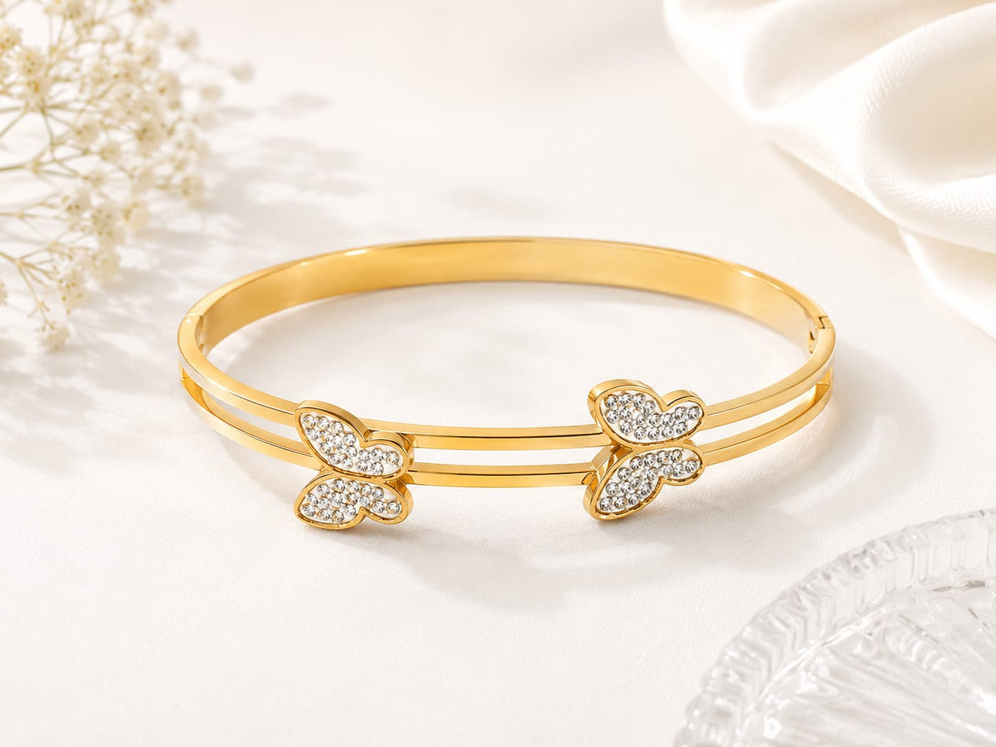 Gold Plated Twin Butterfly Pavé Diamond Open Double-Band Bangle - Image 3